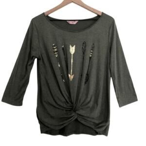 SJS Green Gold Metallic Arrows 3/4 Sleeves Knot Front Casual Tee T-Shirt Top
